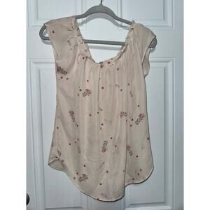 Lauren Conrad Top  Light Tan Floral Pleated Neckline Keyhole Lightly Sheer XS